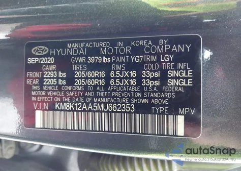 2021 Hyundai Kona Se z USA, uszkodzony, nr VIN KM8K12AA5MU662353